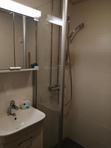 于韦斯屈莱Laajavuori Apartment的带淋浴和盥洗盆的浴室