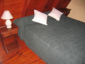 梅洛Cabañas Ayres del cerro的一张带两个枕头的床和一张桌子上的台灯