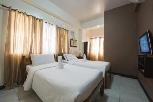 巴斯科Batanes Seaside Lodge & Restaurant的酒店客房设有三张床和电视。