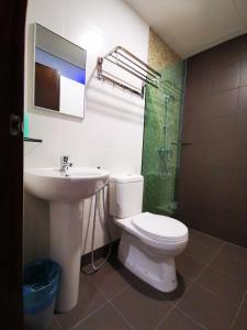 古晋D'Green Hotel Kuching的浴室配有卫生间、盥洗盆和淋浴。