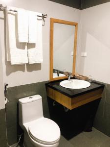 波来古市Hoài Thương Hotel的一间带卫生间、水槽和镜子的浴室