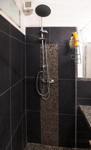 博尔戈马内罗Loft & Espace Maison 1706 Lago Orta的浴室铺有黑色瓷砖,设有淋浴。