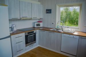 灵塞德Aurora View Cabin的厨房配有白色橱柜、水槽和窗户。
