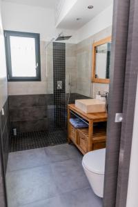 圣马西敏·拉塞Sous les oliviers - Piscine chauffée à débordement- Charming的带淋浴、卫生间和盥洗盆的浴室