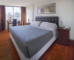 圣地亚哥桑塔马格达莱纳公寓酒店的一间卧室配有一张大床和一张带电话的书桌