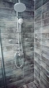 克卢日-纳波卡BBS Residence的带淋浴的浴室(带木墙)