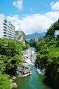 日光鬼怒川温泉酒店的一条河流穿过城市,有建筑物