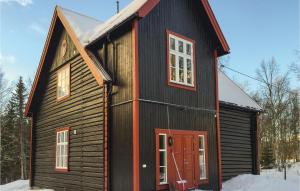 FemundsundetCozy Home In Engerdal With House A Mountain View的雪中带红门的黑色小屋