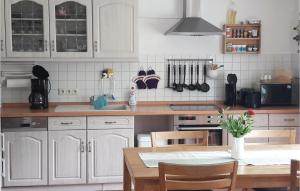 旧施韦林Awesome Home In Alt Schwerin With Wifi的厨房配有白色橱柜和木桌