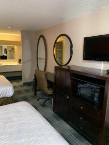 比弗顿胡椒树酒店的酒店客房配有一张床和一张书桌及一台电视