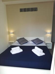 圣多米尼卡Cosmo Rooms a pochi passi da Tropea的一间卧室配有蓝色的床和毛巾