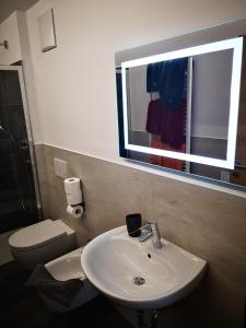 圣坎迪朵加尔尼 - 阿姆贝格休格尔酒店的一间带水槽、卫生间和镜子的浴室