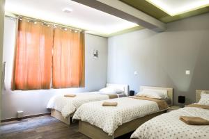 伊利扎Apartments "Our Place" Sarajevo的一间卧室设有三张床和窗户。