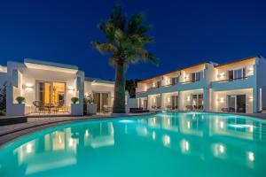 奥诺斯Omnia Mykonos Boutique Hotel & Suites的夜间带游泳池的别墅