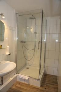 萨巴赫瓦登Hotel-Berggasthof Schwarzwaldperle的带淋浴和盥洗盆的浴室