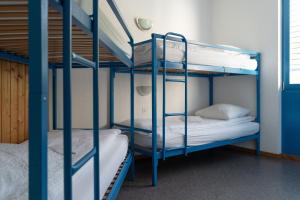 勒沙布勒蒙特堡瑞士旅馆 的两张双层床位于一个房间,房间中备有背风性关节炎性关节炎性关节炎