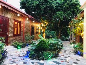 宁平Tam Coc Thai Duong Homestay的一座带灯的砖屋前的花园
