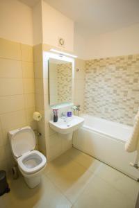 布加勒斯特Residence DP Pipera的浴室配有卫生间、盥洗盆和浴缸。