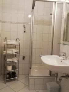 岑平Bernsteinfischer的白色的浴室设有水槽和淋浴。