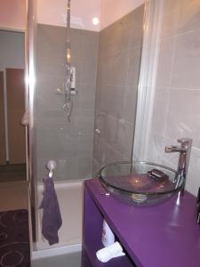圣马迪拉莫Le Gite de Fanny的一间带玻璃水槽和淋浴的浴室