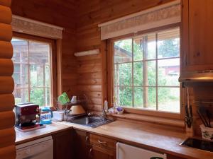 TohmajärviКоттедж в Финляндии (Тохмаярви)的小木屋内的厨房设有水槽和2扇窗户
