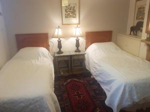 圣奥尔本斯69 ALBERT STREET的配有两张床铺的房间里,配有两盏灯和一张地毯