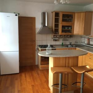 普雷绍夫Apartment Tekeľova 95m2的厨房配有白色冰箱和带凳子的台面