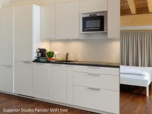 采尔马特采尔马特公寓的厨房配有白色橱柜和微波炉