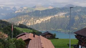 贝阿滕贝格App. Seeblick Top of Interlaken的享有湖泊和山脉美景,设有房屋