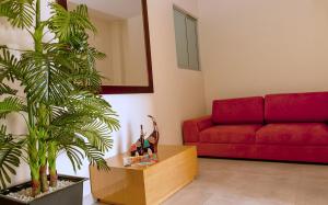 巴耶杜帕尔Hotel Metropolitano Plaza的客厅配有红色沙发和植物