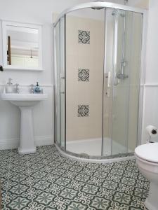 CarnmalinBiddy Ban’s的带淋浴、盥洗盆和卫生间的浴室