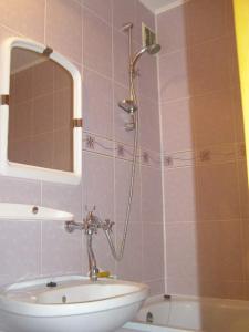 罗夫诺Comfortable apartments in centre with 3 bedrooms的带淋浴、盥洗盆和镜子的浴室