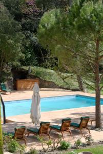 卡尔卡松Domaine d'Auriac - Relais & Châteaux的一个带椅子和白色遮阳伞的游泳池以及游泳池