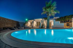 奥诺斯Omnia Mykonos Boutique Hotel & Suites的夜间别墅前的游泳池