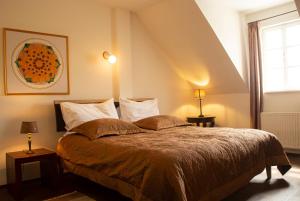 普鲁洪尼斯奶奶的花园旅馆及餐厅的一间卧室,卧室内配有一张大床