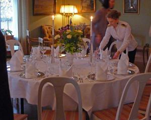耶尔夫瑟加弗索巴登酒店的站在桌子旁的女人,穿着白色的桌布