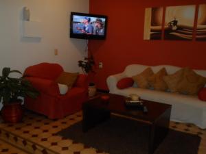 米纳斯米纳斯酒店的客厅配有两张沙发和一台电视机