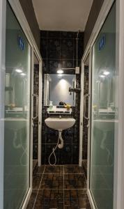 普吉镇The Z Nite Hostel的一间带水槽和玻璃淋浴的浴室