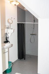 伯卢姆Ballum Slusekro的一间带黑色淋浴帘的淋浴的浴室