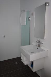 斯旺西阿瓦隆沿海度假村酒店的白色的浴室设有水槽和淋浴。