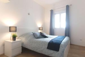 科尔马Appartement grand standing VAUBAN 10 Personnes centre historique de Colmar的一间卧室配有一张带蓝色枕头的床和一扇窗户。