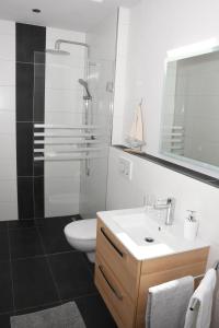 锡默拉特Zum Anker的一间带水槽、淋浴和卫生间的浴室