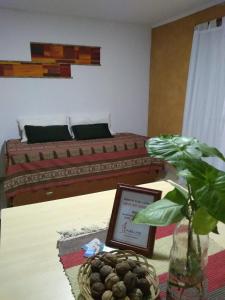 拉里奥哈HUELLAS LOFTER的一间卧室配有一张床和一张植物桌子