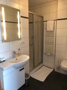 沃尔夫斯堡Hotel & Restaurant Blume的带淋浴、盥洗盆和卫生间的浴室
