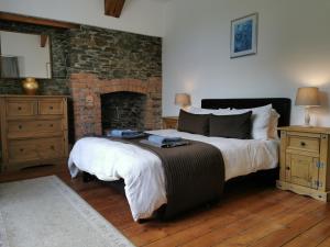 JacobstowTHE OLD RECTORY KIRKULLEN LOFT APARTMENT in Jacobstow 10 mins to Widemouth bay and Crackington Haven,15 mins Bude,20 mins tintagel, 27 mins Port Issac的一间卧室设有一张大床和一个壁炉