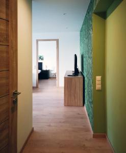 利耶帕亚Green leaf apartments的走廊上设有绿色墙壁和电视的房间