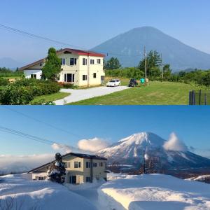 留寿都村RUSUTSU HOLIDAY CHALET的两幅房子和山的照片