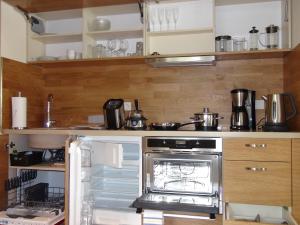 腓特烈港生物湖上酒店的厨房配有开放式冰箱和炉灶。