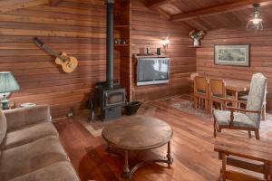 费尔蒙特温泉克里克赛德度假屋的客厅配有燃木炉和电视