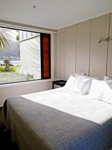 图朗伊Braxmere Lodge的一间卧室设有一张大床和大窗户